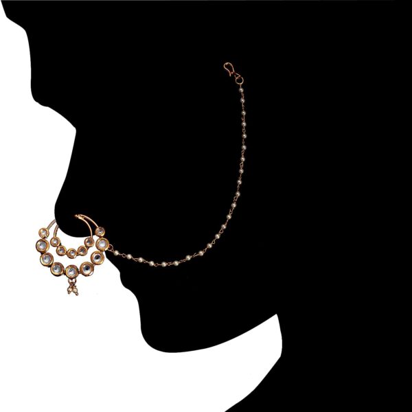 Kundan Double Line Nath with Pearl Chain - Image 2