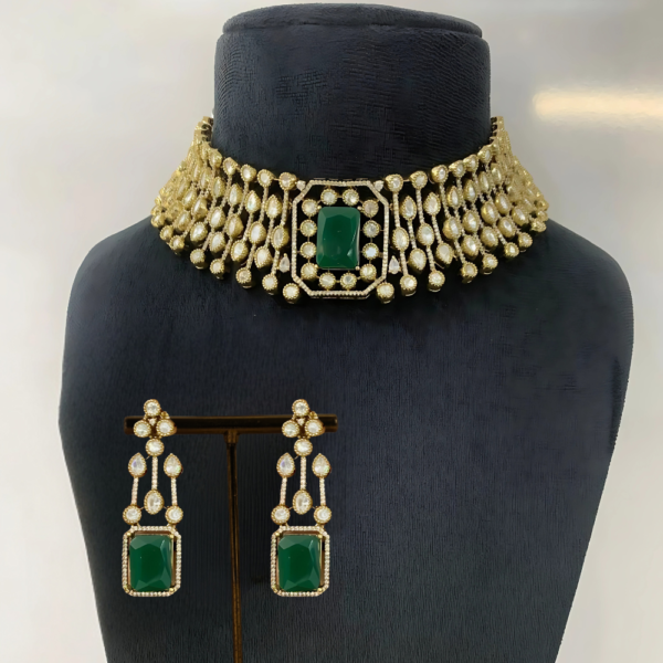 Emerald Green Stone Choker Set with Kundan Detailing