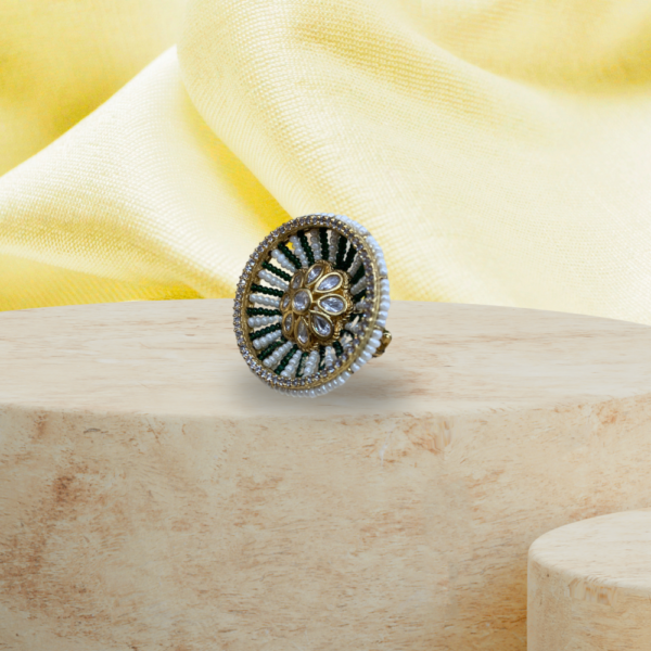 Kundan Lotus Ring with Emerald and Pearl Bead Detailing