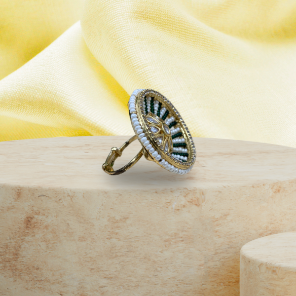 Kundan Lotus Ring with Emerald and Pearl Bead Detailing - Image 2