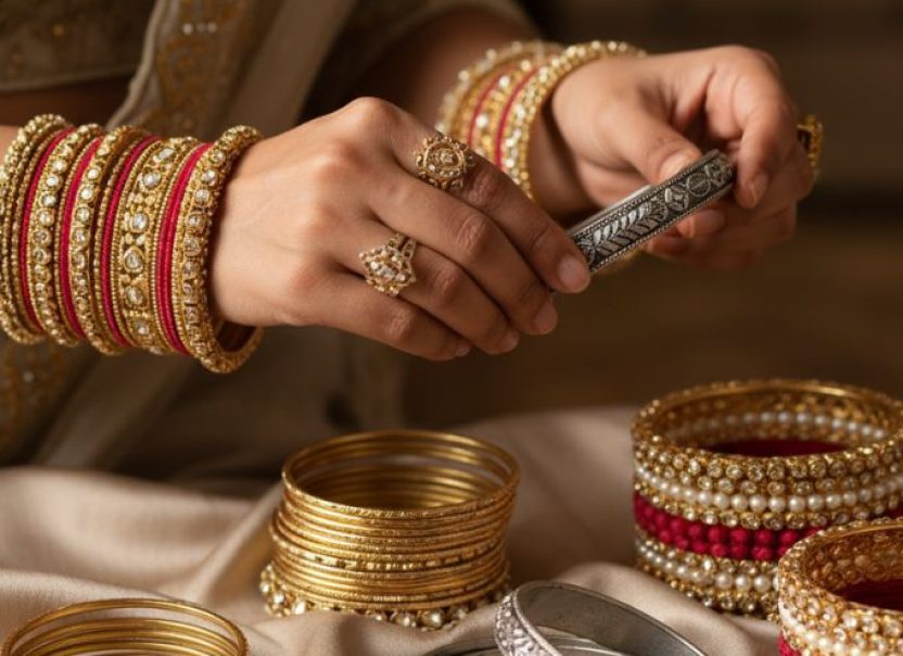 Handcrafted imitation bangles in gold-plated, oxidised silver, and Kundan-Polki designs by Chinar Jewels, perfect for daily wear and Indian weddings.